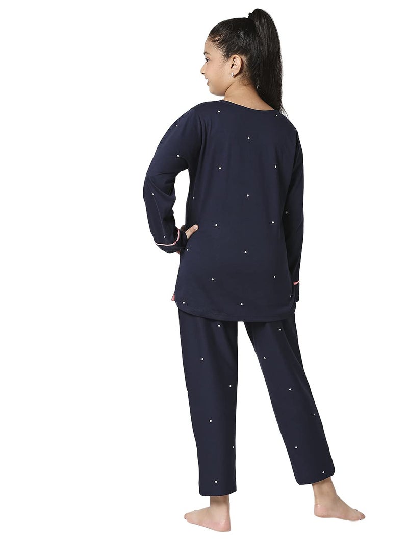 ZEYO Girls Pajamas Night Suit Set Cotton Polka Dot Print Navy Blue Night Suit 5521 - Image 3
