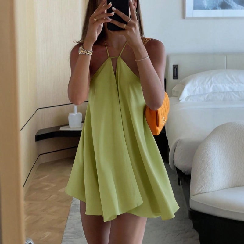 Women's Halter Neck Solid Color Sleeveless A-Line Midi Summer Dress - Image 1