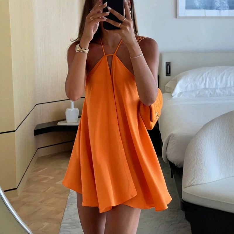 Women's Halter Neck Solid Color Sleeveless A-Line Midi Summer Dress - Image 3