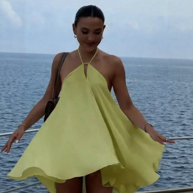 Women's Halter Neck Solid Color Sleeveless A-Line Midi Summer Dress - Image 2