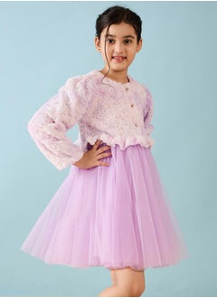 Stylo Bug Faux Fur Design Long Sleeves A-Line Dress  - Image 4