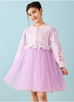 Stylo Bug Faux Fur Design Long Sleeves A-Line Dress  - Image 1