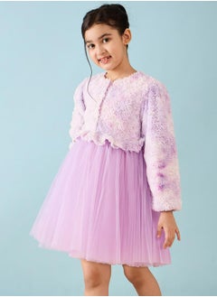 Stylo Bug Faux Fur Design Long Sleeves A-Line Dress  - Image 3