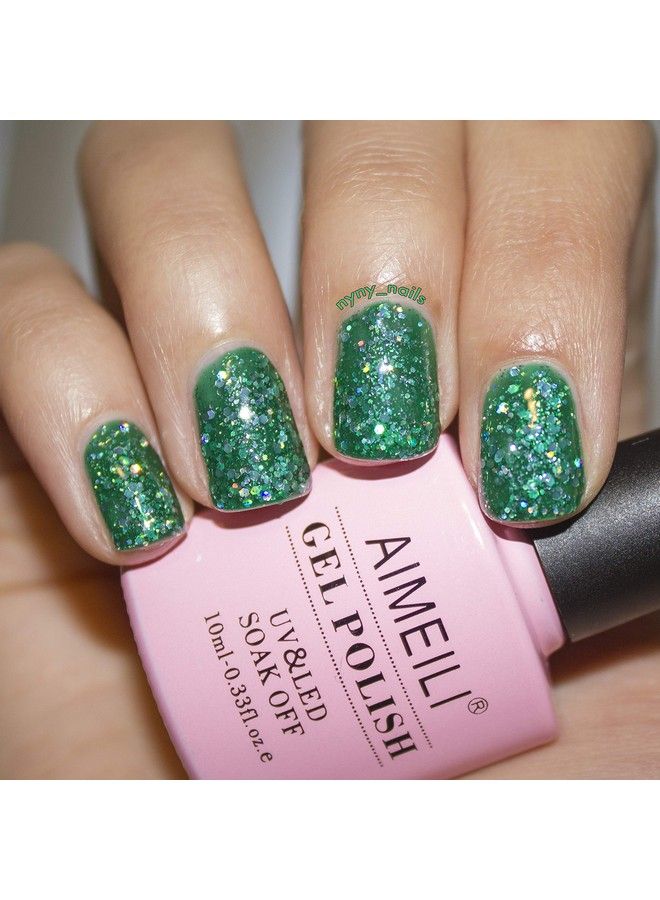 AIMEILI Soak Off U V Led Gel Nail Polish Diamond Glitter Fire Green (063) 10Ml - Image 5