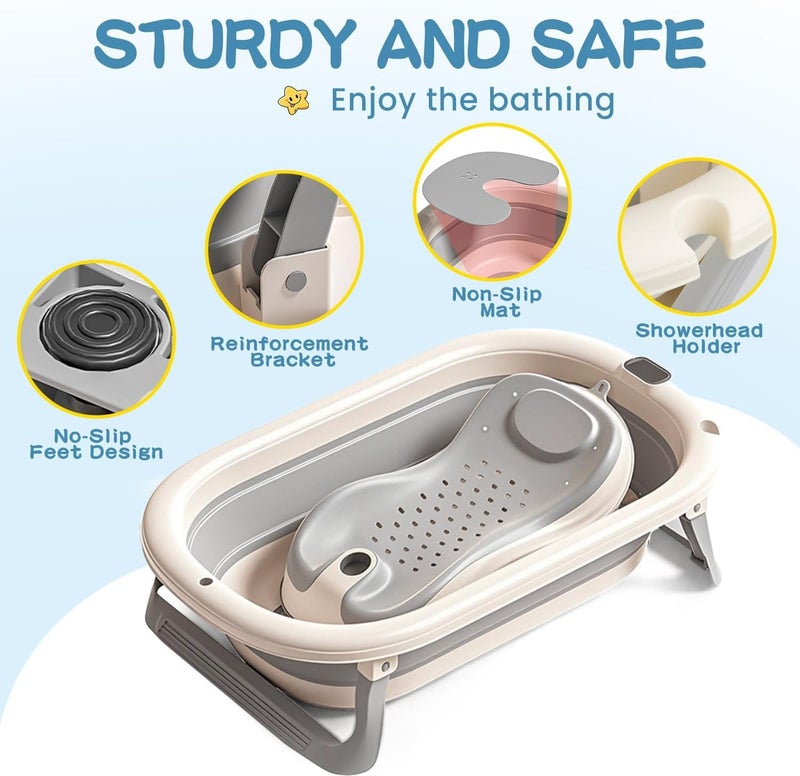 MOPPETS Moppet Elite Silicone Folding Baby Bath Tub with Silicone Baby Folding Bather/Bathrack, Newborn to Toddler Safe Bathtub (0-3 Years) Elite Combo (Grey) - Image 5