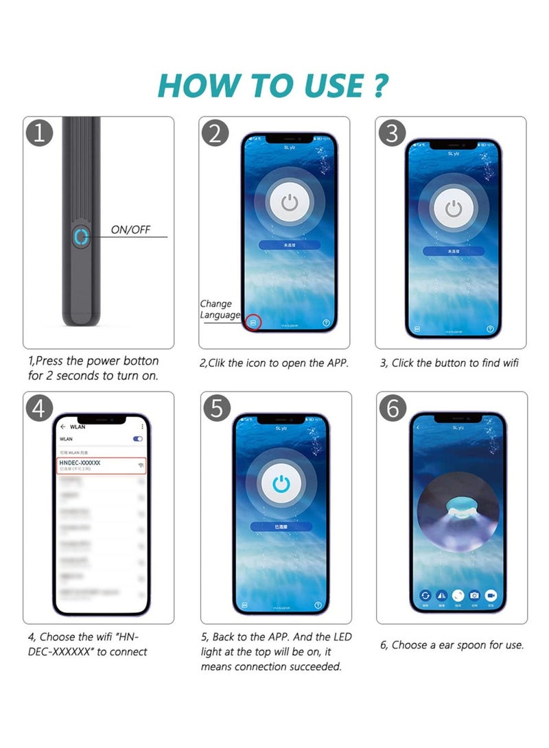 كيت إزالة شمع الأذن - مرئي شمع الأذن مزيل مع الكاميرا، منظار الأذن مع الضوء، منظف الأذن مع 8 أذن المنتخبات + 6 الأذن مغرفة، اللاسلكي شمع الأذن مزيل لنظام التشغيل iOS، هواتف الروبوت، واي فاي مرئي الأذن شمع الأذن (أسود) - Image 3