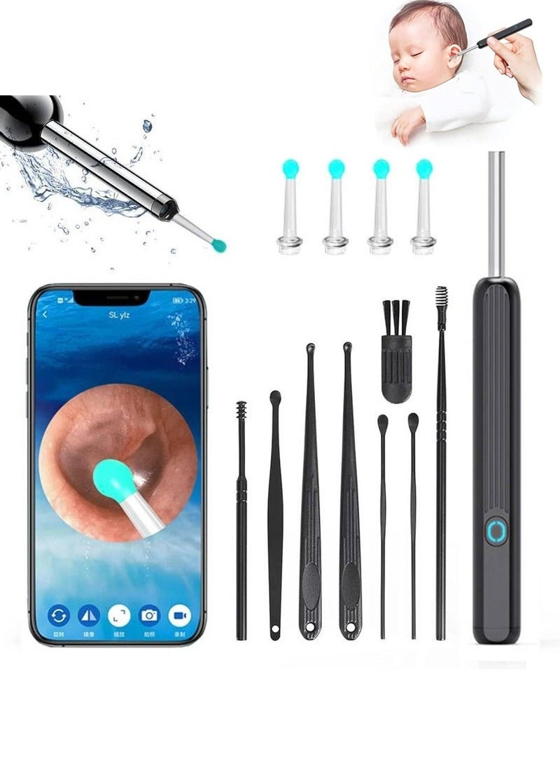 كيت إزالة شمع الأذن - مرئي شمع الأذن مزيل مع الكاميرا، منظار الأذن مع الضوء، منظف الأذن مع 8 أذن المنتخبات + 6 الأذن مغرفة، اللاسلكي شمع الأذن مزيل لنظام التشغيل iOS، هواتف الروبوت، واي فاي مرئي الأذن شمع الأذن (أسود) - Image 1