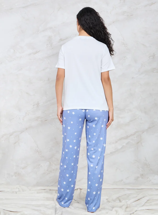 Styli Styli Ditsy Star Print Pocket T-Shirt and Pyjama Set