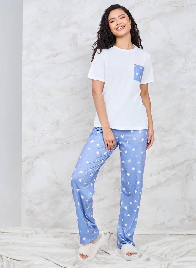 Styli Styli Ditsy Star Print Pocket T-Shirt and Pyjama Set  - Image 1