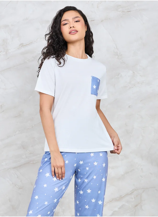 Styli Styli Ditsy Star Print Pocket T-Shirt and Pyjama Set