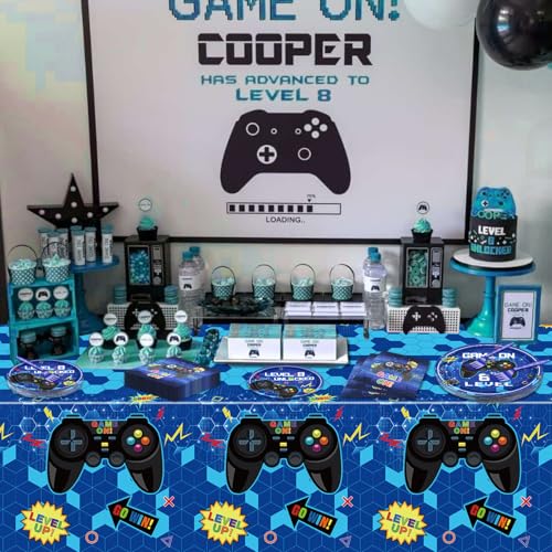 PIXHOTUL 81 Pcs Video Game Party Supplies 8th Birthday Video Game Party Decor Dinner Plates Napkins Video Game Tablecloth Forks Gaming Party Pack for Kid Boy 8th Birthday Party Serves 20 8th - Image 5