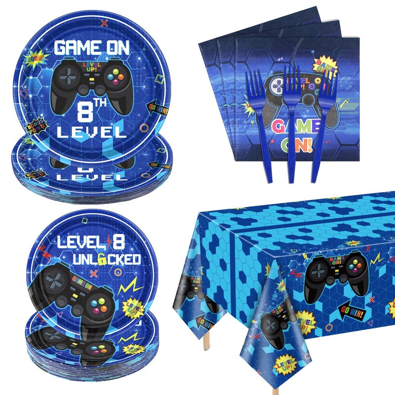 PIXHOTUL 81 Pcs Video Game Party Supplies 8th Birthday Video Game Party Decor Dinner Plates Napkins Video Game Tablecloth Forks Gaming Party Pack for Kid Boy 8th Birthday Party Serves 20 8th - Image 3