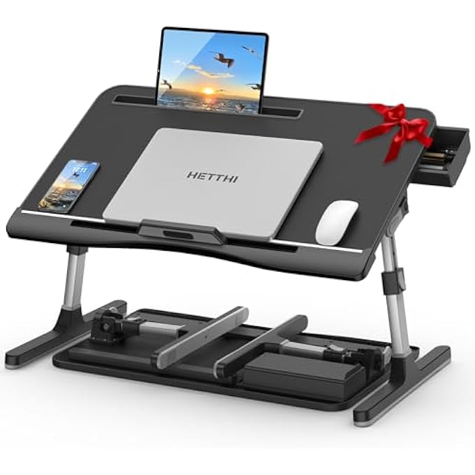 HETTHI BED DESK FOR LAPTOP, ADJUSTABLE LAPTOP DESK WITH FOLDABLE LEGS STORAGE DRAWER TABLET SLOT REMOVABLE STOPPER, PORTABLE LAP DESK FOR WRITING WORKING READING EATING (BLACK, 23.6"Ã—14") - Image 1
