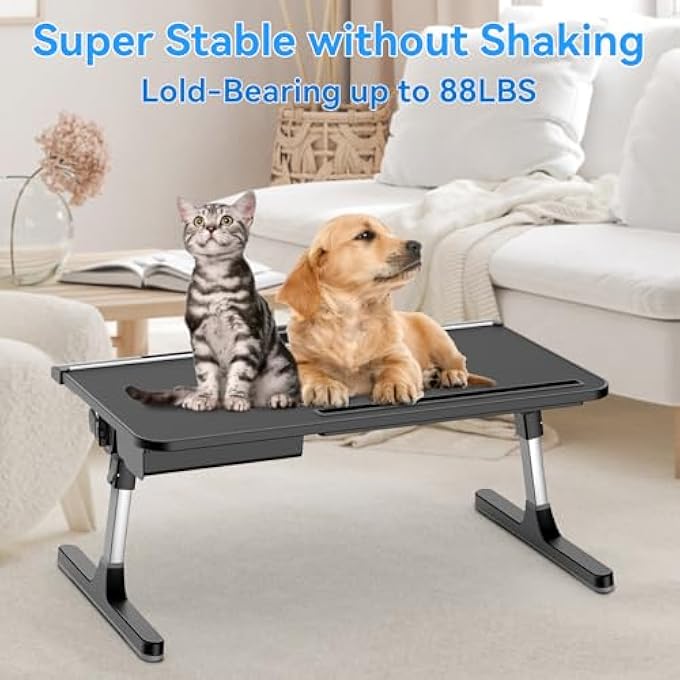 HETTHI BED DESK FOR LAPTOP, ADJUSTABLE LAPTOP DESK WITH FOLDABLE LEGS STORAGE DRAWER TABLET SLOT REMOVABLE STOPPER, PORTABLE LAP DESK FOR WRITING WORKING READING EATING (BLACK, 23.6"Ã—14") - Image 3
