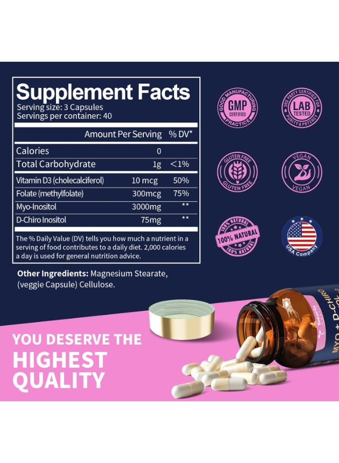 Totaria Inositol Supplement for Women with Vitamin D3, Folate, 40:1 Ratio Myo-Inositol 3000mg & D-Chiro Inositol 75mg Complex, (Vitamin B8) Inositol Capsules, 120 Capsules, 40 Servings - Image 2