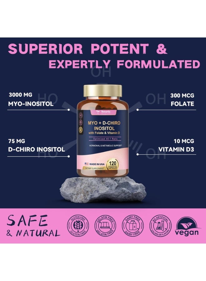 Totaria Inositol Supplement for Women with Vitamin D3, Folate, 40:1 Ratio Myo-Inositol 3000mg & D-Chiro Inositol 75mg Complex, (Vitamin B8) Inositol Capsules, 120 Capsules, 40 Servings - Image 4
