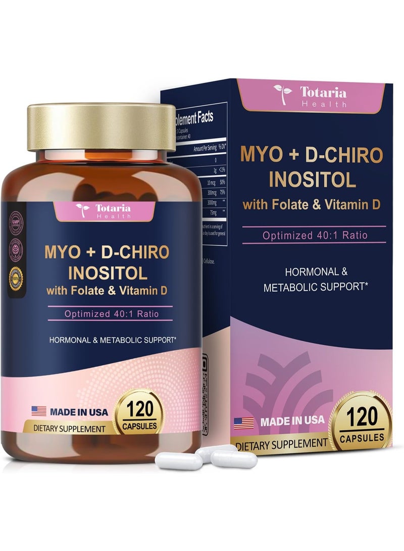 Totaria Inositol Supplement for Women with Vitamin D3, Folate, 40:1 Ratio Myo-Inositol 3000mg & D-Chiro Inositol 75mg Complex, (Vitamin B8) Inositol Capsules, 120 Capsules, 40 Servings - Image 1