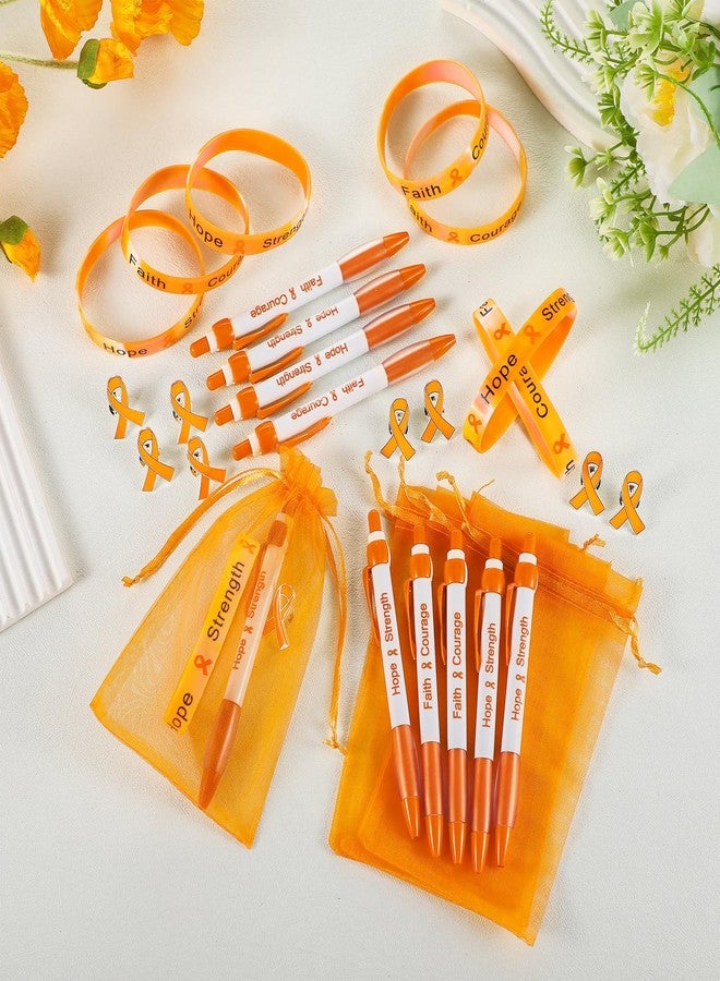 Qilery 120 Pcs Leukemia Awareness Items Gifts Set - Orange Ribbon Lapel Pins, Kidney Cancer Multiple Sclerosis Awareness Bracelets, Hope Strength Retractable Pens, Organza Bag Bulk for Event Charity - Image 2