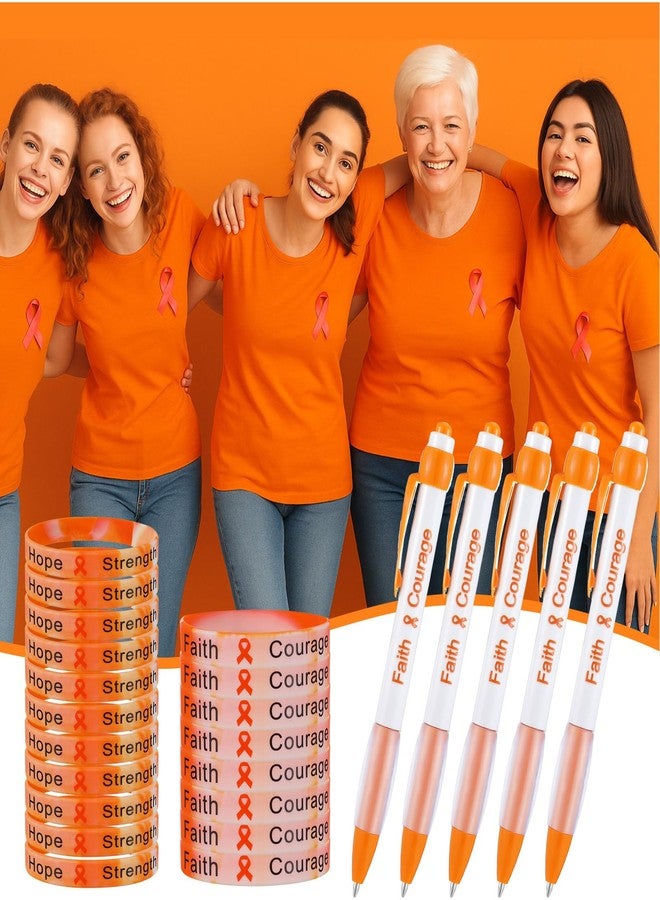 Qilery 120 Pcs Leukemia Awareness Items Gifts Set - Orange Ribbon Lapel Pins, Kidney Cancer Multiple Sclerosis Awareness Bracelets, Hope Strength Retractable Pens, Organza Bag Bulk for Event Charity - Image 5