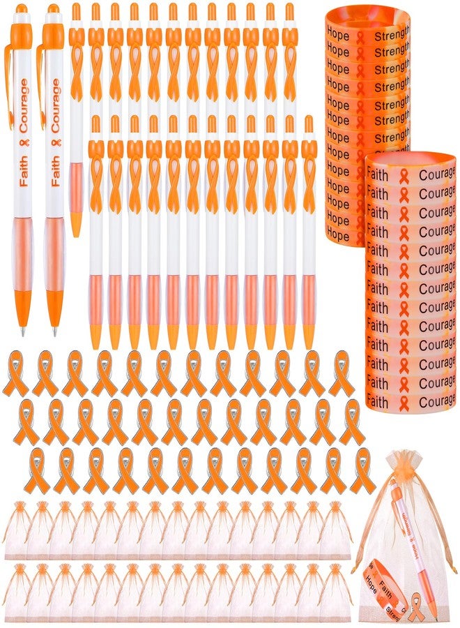 Qilery 120 Pcs Leukemia Awareness Items Gifts Set - Orange Ribbon Lapel Pins, Kidney Cancer Multiple Sclerosis Awareness Bracelets, Hope Strength Retractable Pens, Organza Bag Bulk for Event Charity - Image 1