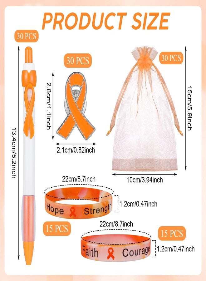 Qilery 120 Pcs Leukemia Awareness Items Gifts Set - Orange Ribbon Lapel Pins, Kidney Cancer Multiple Sclerosis Awareness Bracelets, Hope Strength Retractable Pens, Organza Bag Bulk for Event Charity - Image 3
