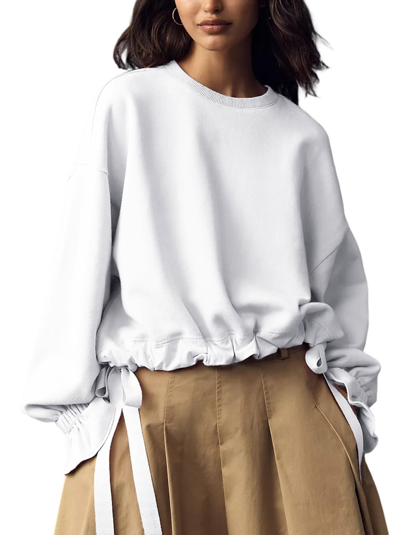 Dsewpaur Women Tie Up Sweatshirt Crewneck Balloon Long Sleeve Shirt Casual Fall Pullover Crop Babydoll Tops White - Image 1