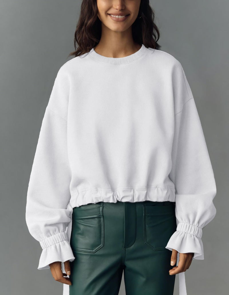 Dsewpaur Women Tie Up Sweatshirt Crewneck Balloon Long Sleeve Shirt Casual Fall Pullover Crop Babydoll Tops White - Image 5