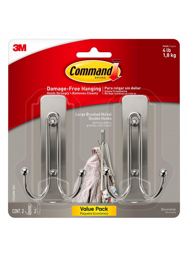 Command Large Wall Hooks, Damage Free Hanging Wall Hooks with Adhesive Strips, No Tools Double Wall Hooks for Hanging Decorations in Living Spaces, 2 Brushed Nickel Plastic Hooks and 2 Command Strips - Image 1
