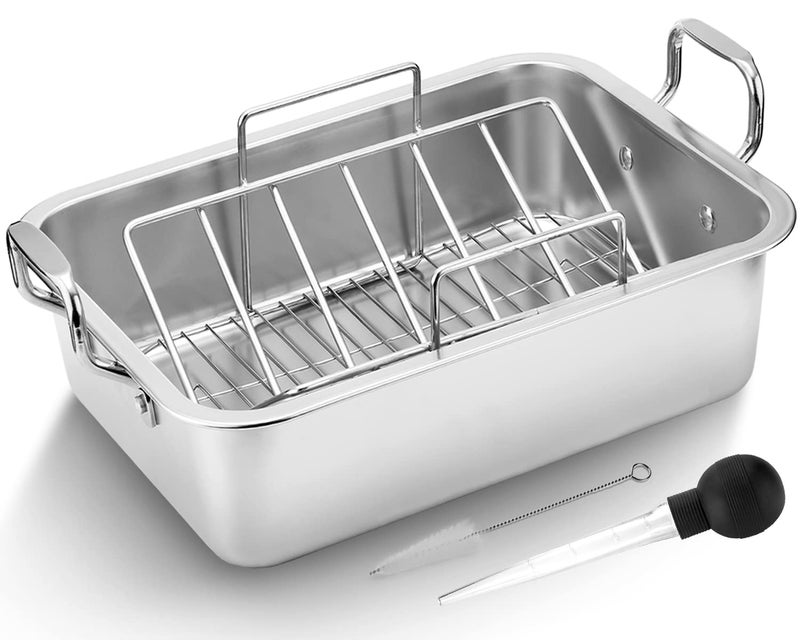15 Inch Stainless Steel Roasting Pan with Cooling Rack  Turkey Chicken Ham Roaster with VShaped Baking Rack by Kendane