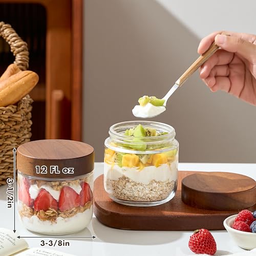 Danmu 12 oz Overnight Oats Containers with Lids,Salad Jar,Glass Jar with Wooden Lid 4 Pack,Mason Jars 12 oz with Lids for Snack,Overnight Oats,Meal Prep,Yogurt,Parfait,Soup,Salad 100% Leak-proof - Image 3