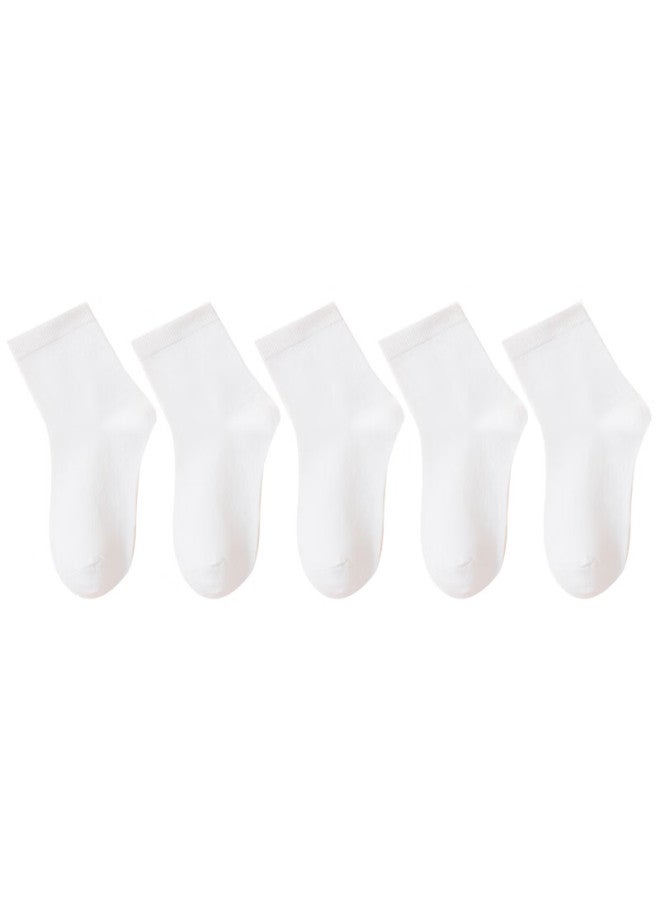 LANG SHA Langsha Children's Socks, Boys And Girls, All Seasons, School White Socks, Youth Student Mid-calf Cotton Socks, 5 Pairs - Image 2