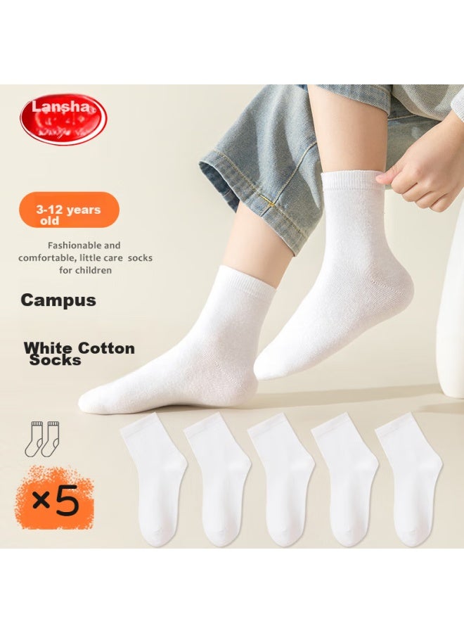 LANG SHA Langsha Children's Socks, Boys And Girls, All Seasons, School White Socks, Youth Student Mid-calf Cotton Socks, 5 Pairs - Image 1