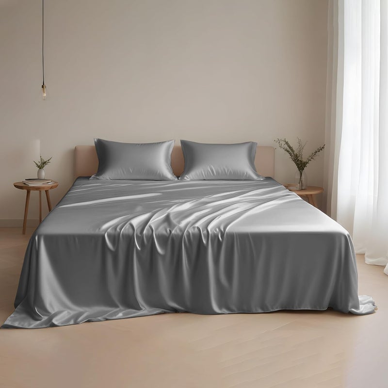لينينوالاس شرشف ملكي مقاس 150x200 سم، 100% حرير خيزران عضوي لسرير حجم كينغ، جيب عميق يصل إلى 40 سم، ناعم، مبرد، هيبوالرجينيك (أسود نفاث) - Image 1