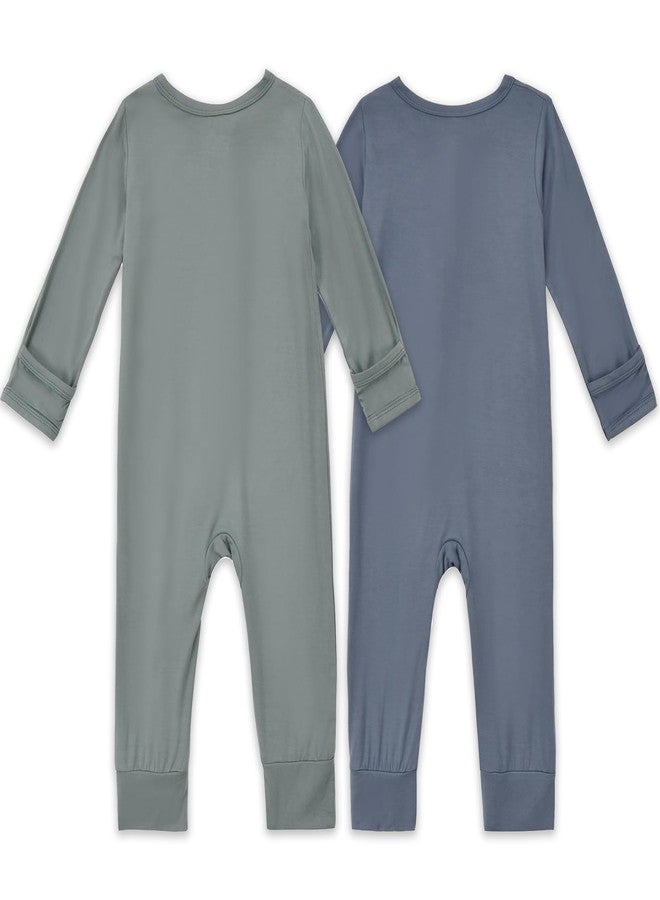 Aablexema Baby Footless Pajamas Zipper with Mitten, Rayon from Bamboo, Infant Long Sleeve Romper Pjs(Olive & Moonlight Blue,12-18m) - Image 4