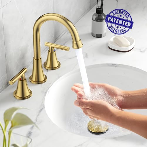 Hurran Bathroom Faucets for Sink 3 Hole, Hurran Brushed Gold Bathroom Sink Faucet with Pop-up Drain and Supply Lines, Stainless Steel Lead-Free Widespread Faucet for Vanity RV, 2 Pack - Image 3