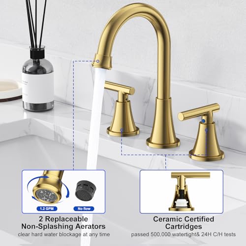 Hurran Bathroom Faucets for Sink 3 Hole, Hurran Brushed Gold Bathroom Sink Faucet with Pop-up Drain and Supply Lines, Stainless Steel Lead-Free Widespread Faucet for Vanity RV, 2 Pack - Image 5