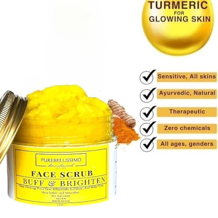 PUREBELLISSIMO Natural Turmeric Facial Exfoliant with Niacinamide and Shea - Fragrance Free Face Sugar Scrub for Glowing Skin - Image 4