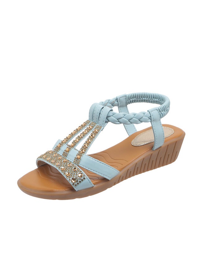 Summer New Arrival Korean Style Fashionable Fish Beak Set Feet Wedge Heel Fashionable Casual Large Size  Rhinestone Roman Sandals