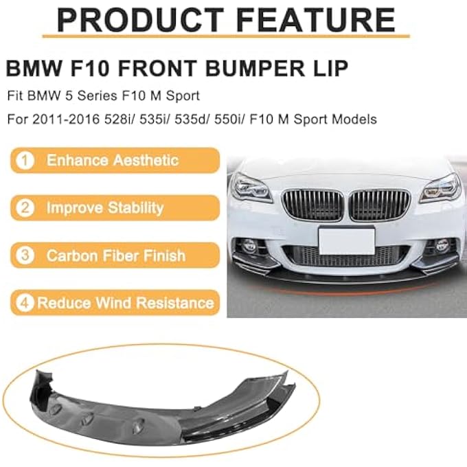 DIBON AUTO Front Bumper Lip Splitter Spoiler for 2011-2016 BMW 5 Series F10 520i 535i 550i M Sport Front Splitter Bumper Chin Lip (Carbon Fiber) - Image 5