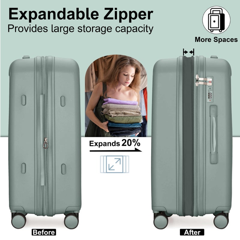 CABINPRO Unisex Expandable Carry On PP Fashion Trolley Lightweight Hard Shell Spinner luggage with 360° Degree 4 Twin Wheel and Double Zippers CP003 Green - Image 4