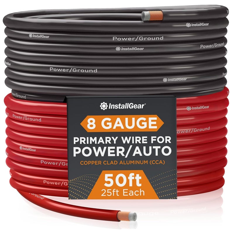 InstallGear 8 Gauge Wire (50ft) Copper Clad Aluminum CAA - Primary Automotive Wire, Car Amplifier Power and Ground Cable, Battery Cable, Car Audio Speaker Stereo, RV Trailer Wiring Welding Cable 8ga - Image 1
