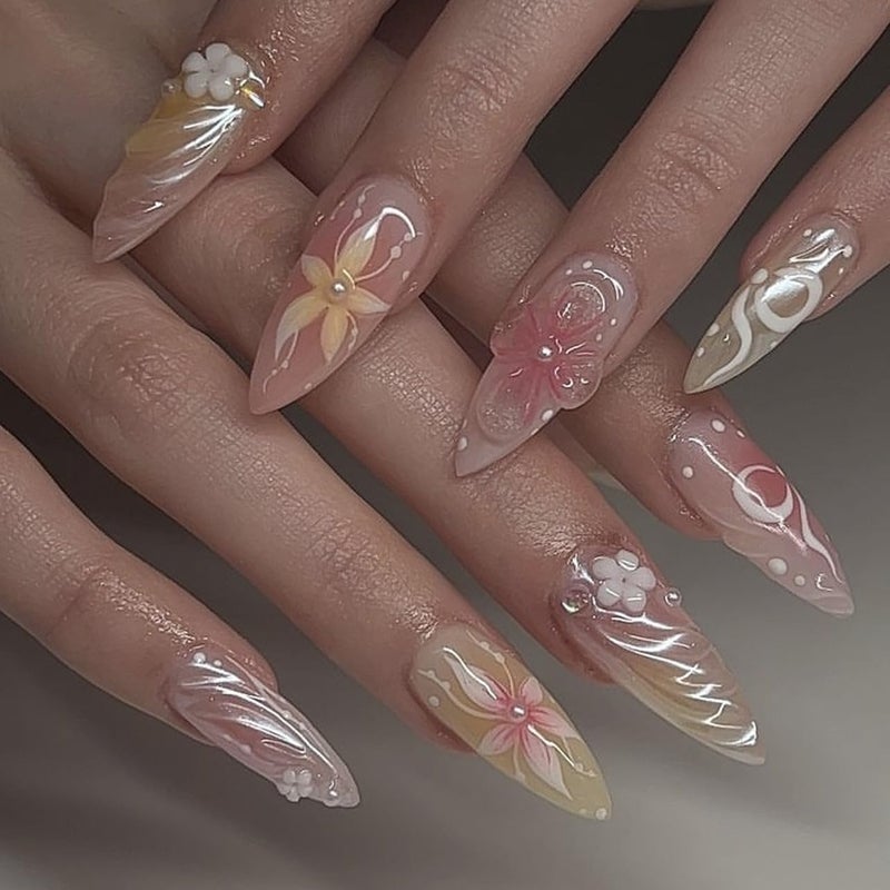 CTTHNBD Almond Press on Nails Medium Fake Nails Ombre with 3D Flower Design Glossy Full Cover False Nails for Women Manicure 24Pcs - Image 1