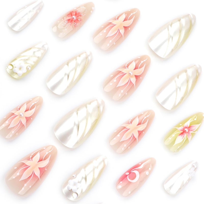 CTTHNBD Almond Press on Nails Medium Fake Nails Ombre with 3D Flower Design Glossy Full Cover False Nails for Women Manicure 24Pcs - Image 2