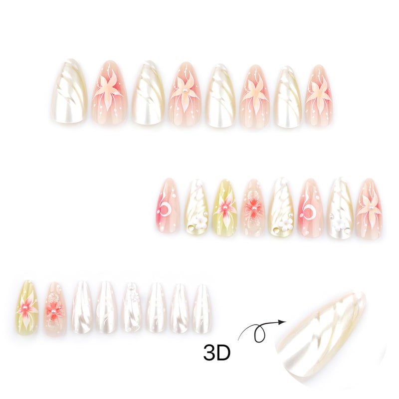 CTTHNBD Almond Press on Nails Medium Fake Nails Ombre with 3D Flower Design Glossy Full Cover False Nails for Women Manicure 24Pcs - Image 4