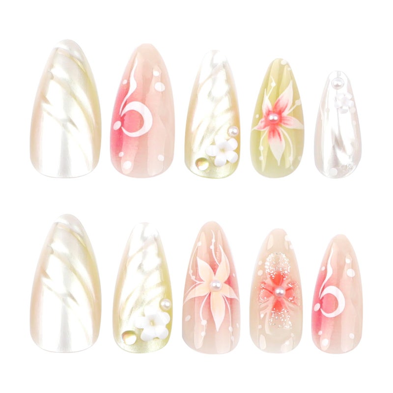 CTTHNBD Almond Press on Nails Medium Fake Nails Ombre with 3D Flower Design Glossy Full Cover False Nails for Women Manicure 24Pcs - Image 5