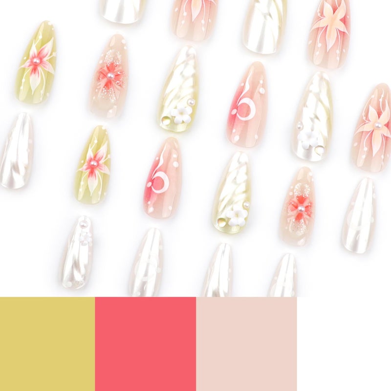 CTTHNBD Almond Press on Nails Medium Fake Nails Ombre with 3D Flower Design Glossy Full Cover False Nails for Women Manicure 24Pcs - Image 3