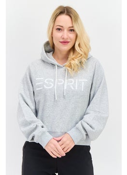 ESPRIT Women Brand Logo Long Sleeve Cropped Hoodie, Heather Grey  - Image 1
