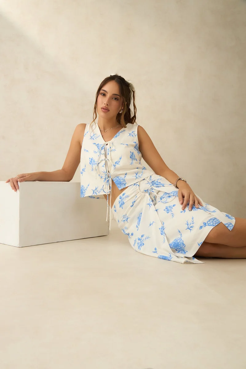 فيرجيو Floral Linen Printed Ruched Wrap Skirt for Women