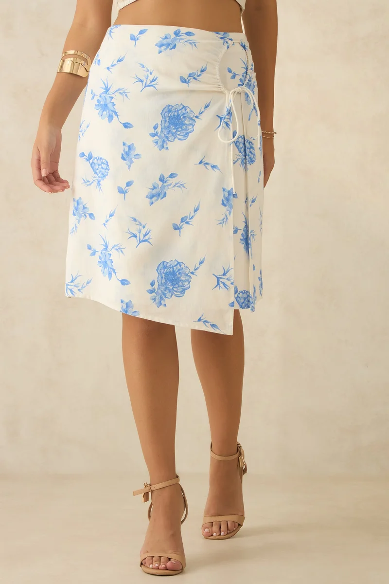 Virgio Blue Floral Linen Printed Ruched Wrap Skirt for Women for Women | Best Price UAE