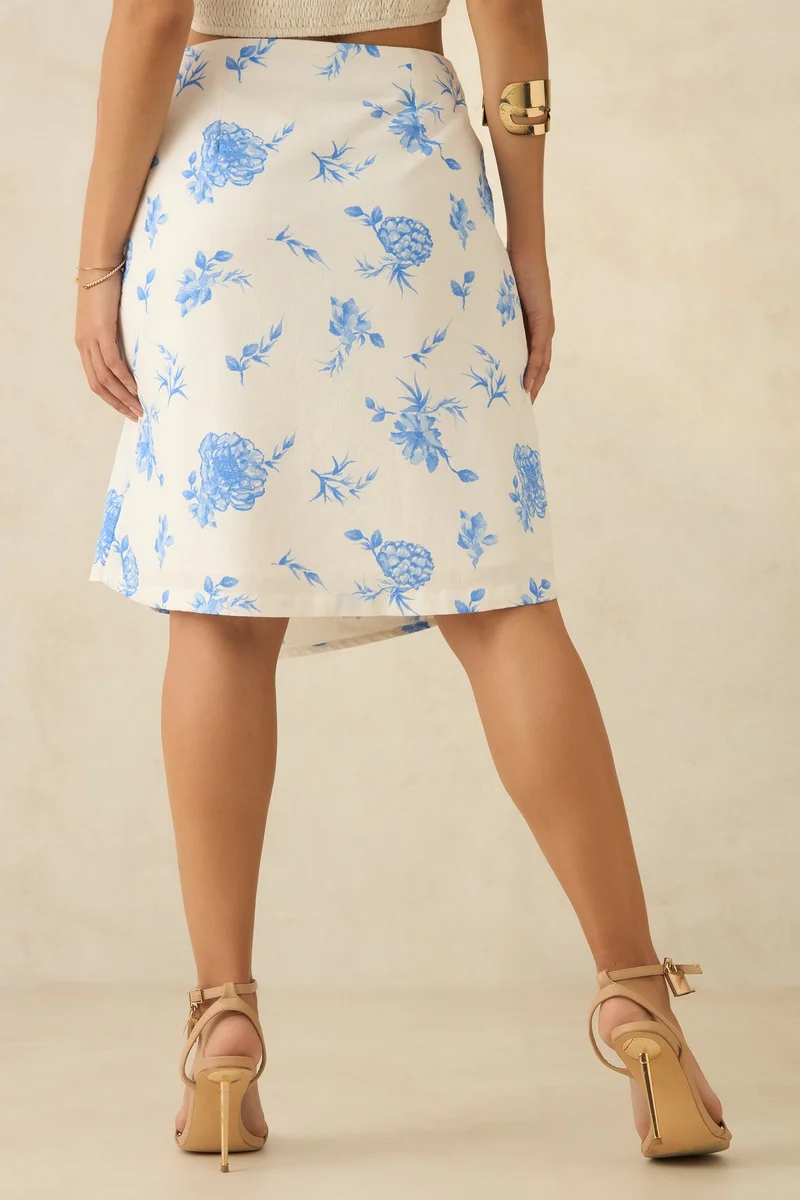 Virgio Blue Floral Linen Printed Ruched Wrap Skirt for Women for Women | Best Price UAE